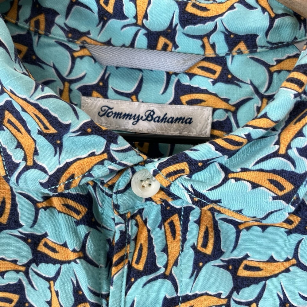 Tommy Bahama Shirt Mens XL‎ Blue Orange All Over Print Swordfish Rayon Button Up